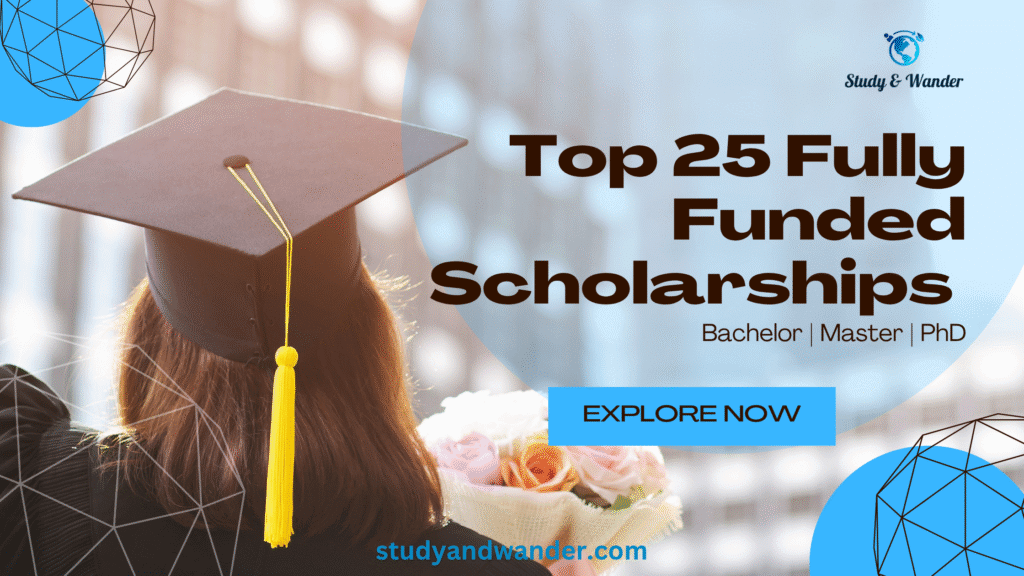 "Graduation cap and globe representing global fully funded scholarships for 2026–2027 for Bachelor, Master, and PhD students."