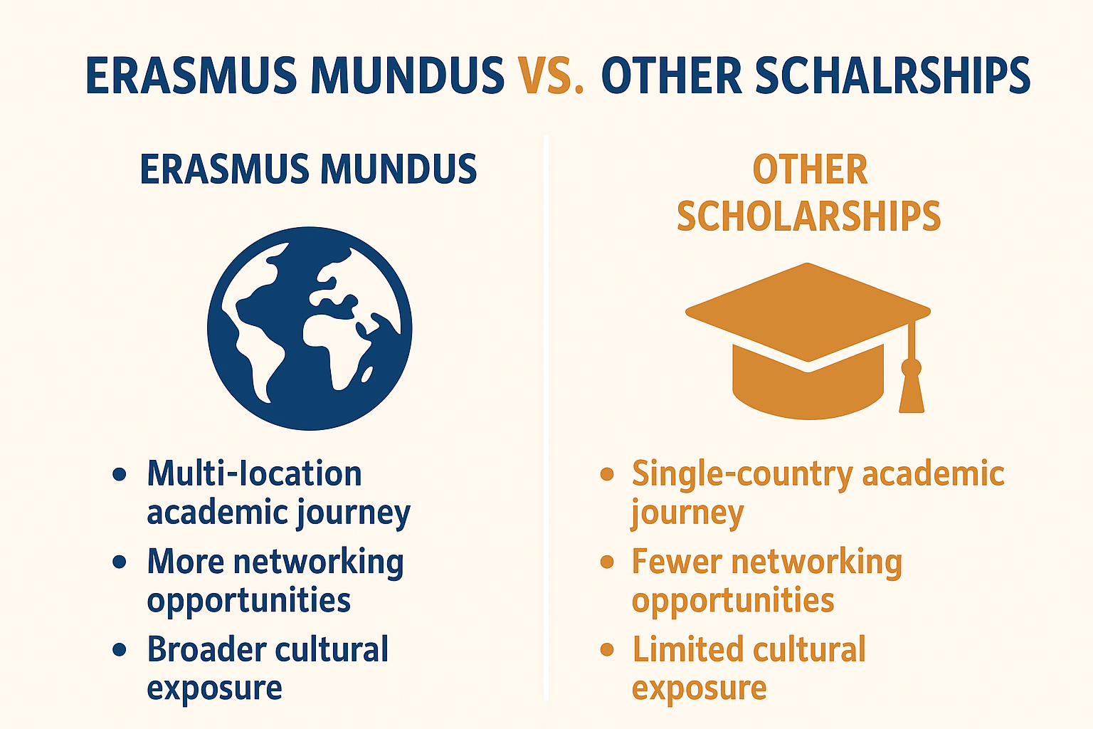 Infographic comparing Erasmus Mundus vs. other scholarships. Left side with globe icon lists: Multi-location academic journey, More networking opportunities, Broader cultural exposure. Right side with graduation cap icon lists: Single-country academic journey, Fewer networking opportunities, Limited cultural exposure.