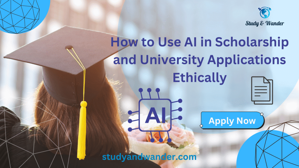 A student wearing a graduation cap with a yellow tassel holds a bouquet of flowers. The image includes the text “How to Use AI in Scholarship and University Applications Ethically,” along with icons of AI, a document, and a button that says “Apply Now.” The website studyandwander.com and the Study & Wander logo are also visible.