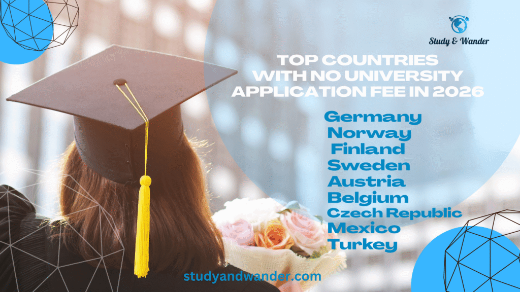 Infographic showing top countries with no university application fee in 2026, including Germany, Norway, Finland, Sweden, Austria, Belgium, Czech Republic, Mexico, Brazil, and Turkey, with checkmark icons and flags on a light blue background. Study and Wander logo and website link at the bottom."