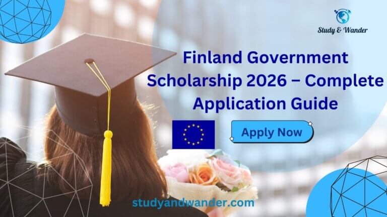 Graduate wearing a black cap and gown holding a bouquet of flowers, representing Finland Government Scholarship 2026 application guide